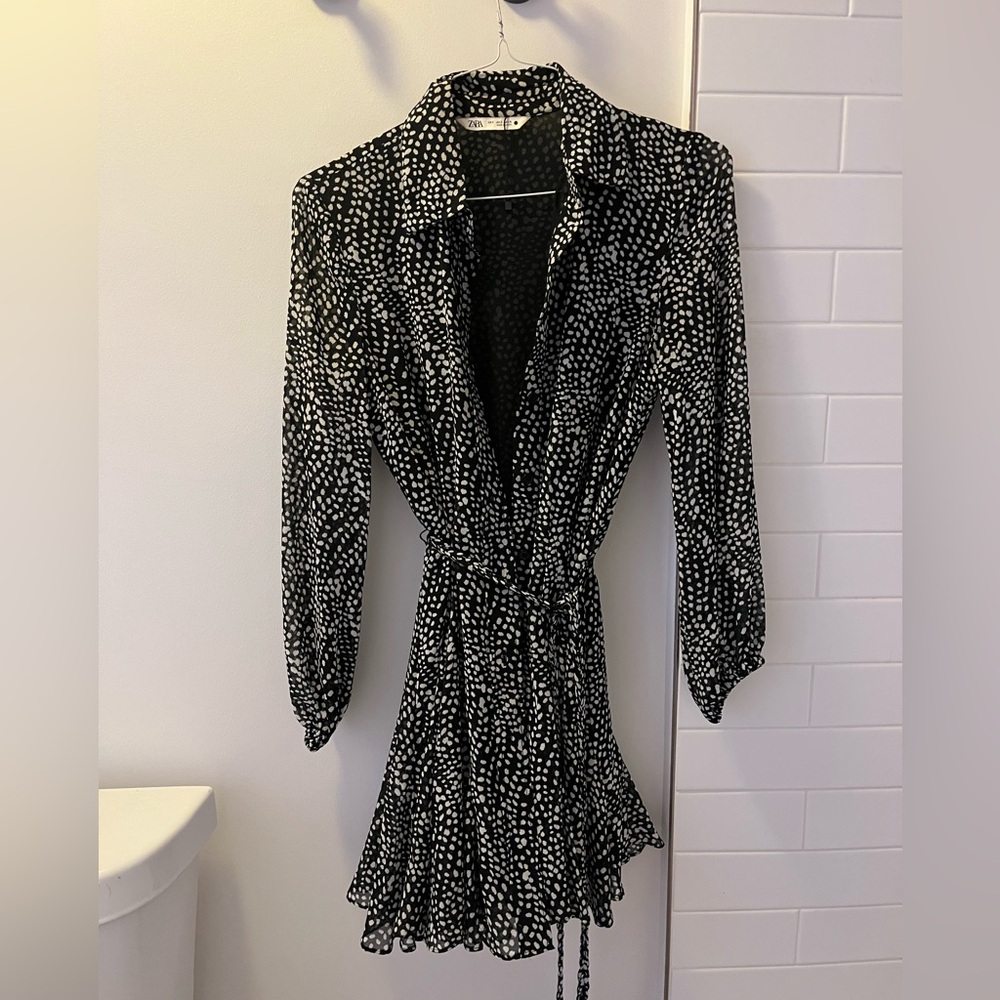 Zara black and white dot skater blouse style dress